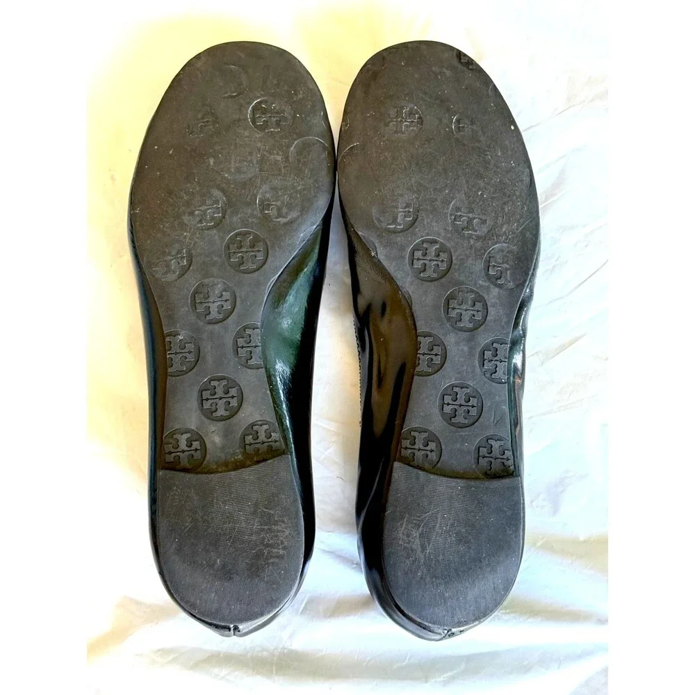 Tory Burch Reva Black Patent Leather  w/ Logo Travel Ballet Flats Shoes 7.5
